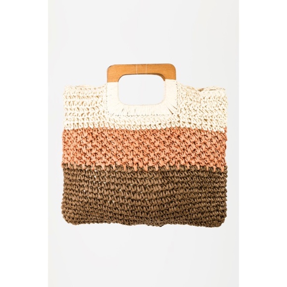 Handbags - SOLD OUT Three Tone Striped Square Wood Handle Woven Braided Straw Tote Bag